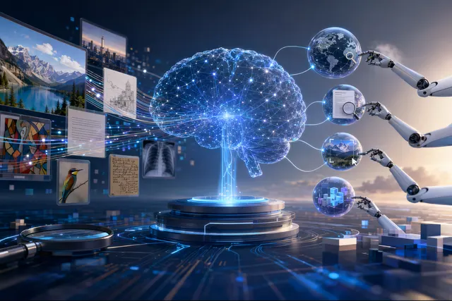 Illustration of a multimodal AI search agent combining image analysis, web search and reasoning tools