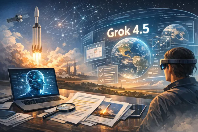 Futuristic digital illustration of the Grok 4.5 AI model architecture represented as glowing neural network nodes with a central V9 foundation core, surrounded by data streams repr