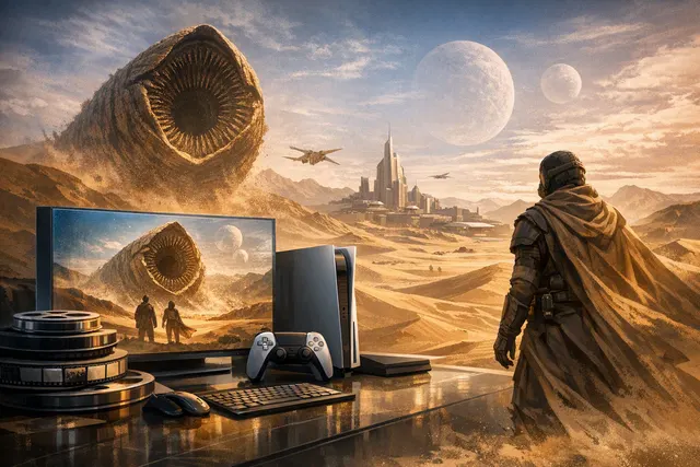 Stylized editorial illustration representing Dune: Awakening’s Filmic Archive DLC and September 2026 console launch