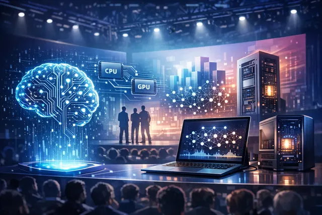 Conceptual illustration of Microsoft's Build 2026 announcements: on-device AI models, cross-platform Windows AI APIs, and the new Surface RTX Spark Dev Box developer workstation.