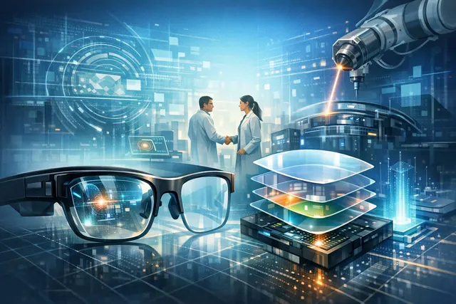Conceptual image showing advanced augmented reality smart glasses with transparent waveguide optics, representing the EssilorLuxottica and Applied Materials partnership.