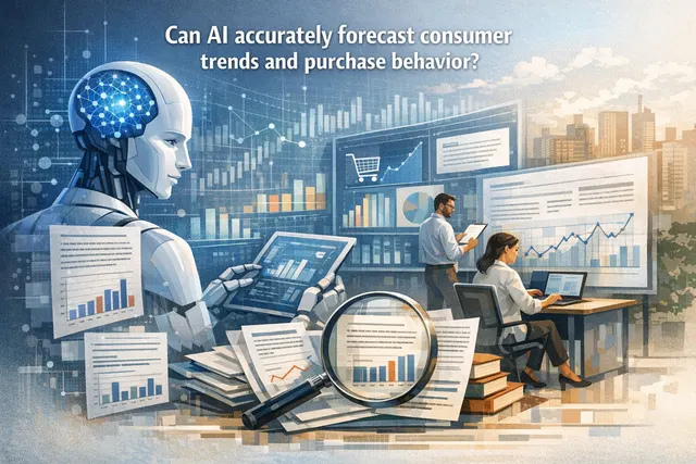 Digital illustration of AI analyzing consumer trend data with charts and shopping icons