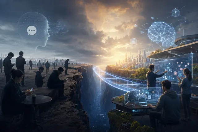 Editorial illustration representing the gap between everyday chatbot use and access to frontier AI systems