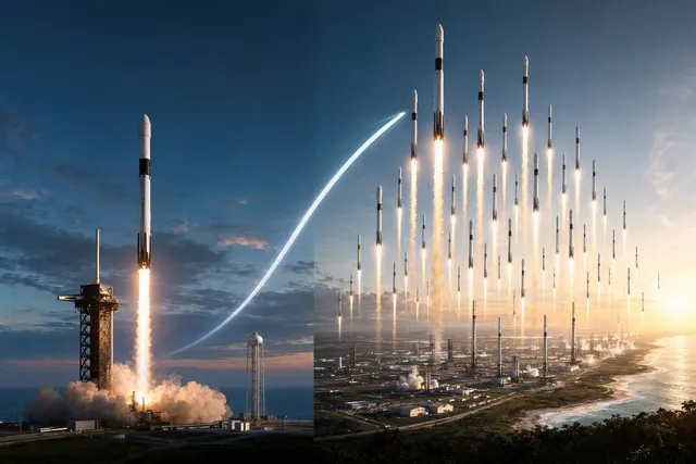 Illustration of frequent SpaceX rocket launches representing a potential hourly launch cadence