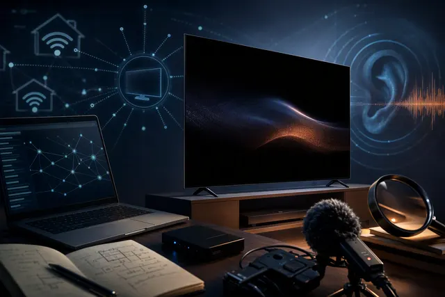 Editorial illustration of a smart TV and home-network privacy concerns