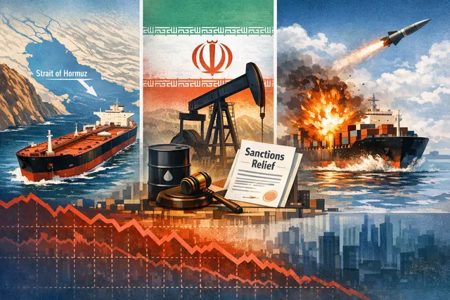 Oil tankers navigating the Strait of Hormuz with a security escort, representing the shipping crisis and stock sell-off