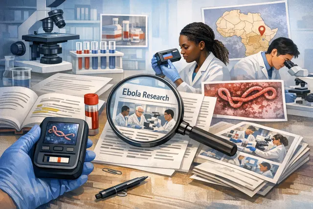 Conceptual image of a portable Ebola diagnostic device and a map of the DRC and Uganda outbreak zone.