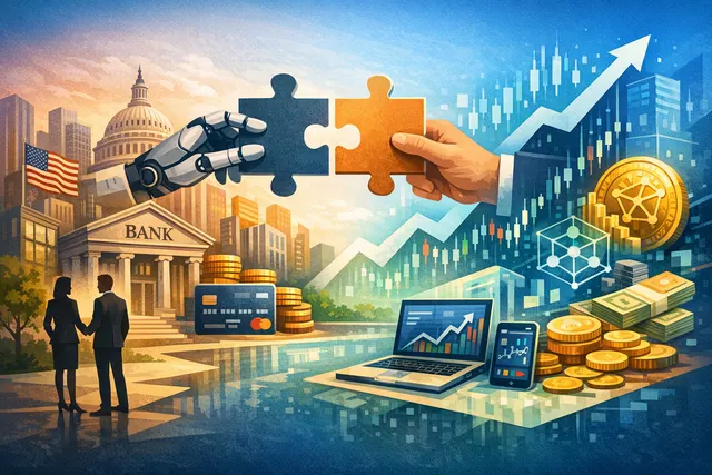 Illustration of eToro's growth strategy showing acquisition, banking and marketing expansion concepts