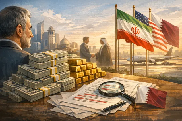 Editorial illustration representing the U.S.-Iran Islamabad Memorandum of Understanding, featuring a stylized map of the Strait of Hormuz, Iranian and American flags, and a balance
