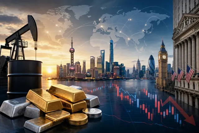 Editorial illustration of global financial markets as traders assess falling stock futures, rising oil prices and geopolitical uncertainty