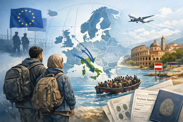 Editorial illustration of the EU Migration Pact and asylum responsibility transfers to Italy