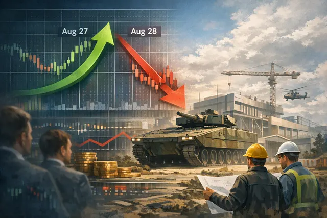 Editorial illustration of Rheinmetall’s Kassel tank-production expansion, drone testing and European defence-market volatility