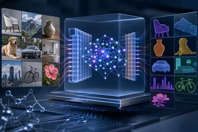 Conceptual illustration for Xiaomi-Lens-0, a multimodal model that links text answers to image regions with pixel masks
