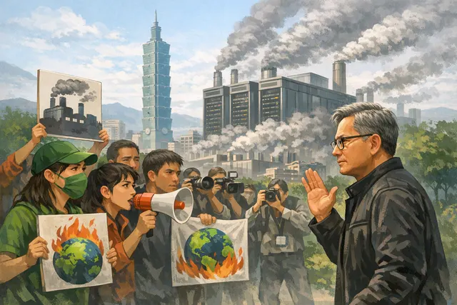 Protest artwork representing Greenpeace's campaign against Nvidia's fossil-fuel-powered AI chip supply chain.