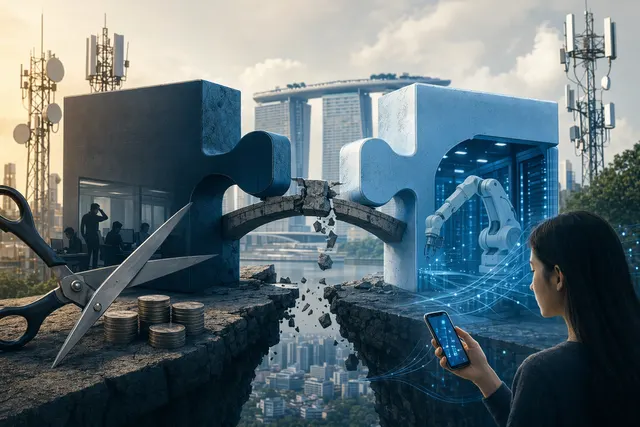 Editorial illustration representing telecom restructuring and AI automation affecting customer service in Singapore