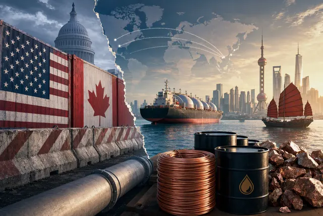 Editorial illustration of Canada’s energy export trade shifting toward Asian markets amid U.S.–Canada trade tensions