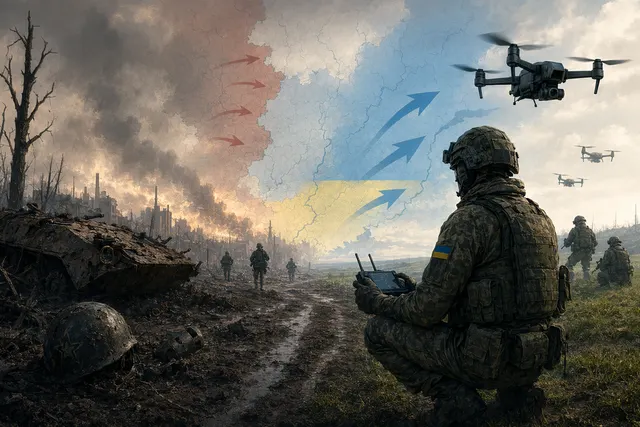 Illustration representing the evolving battlefield dynamics in the Ukraine–Russia war with drones and frontline combat