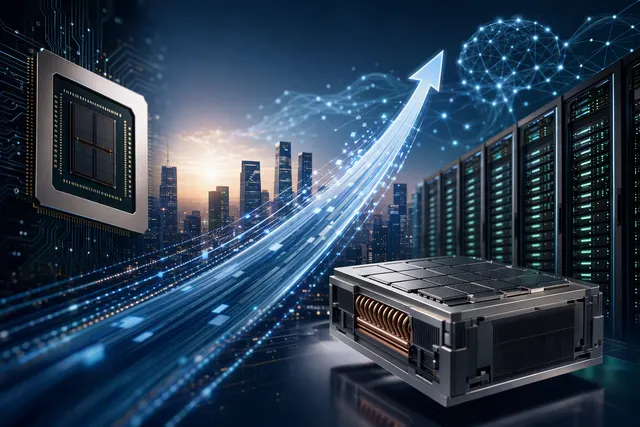 Editorial illustration of AMD’s AI infrastructure and server-CPU growth thesis