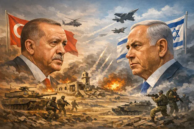 Editorial illustration of Turkish-Israeli tensions involving Recep Tayyip Erdoğan, Benjamin Netanyahu and the Syria conflict