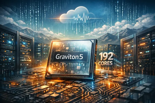 AWS Graviton5 processor chip on a dark blue circuit board background representing the new 192-core 3nm Arm Neoverse V3 cloud server silicon