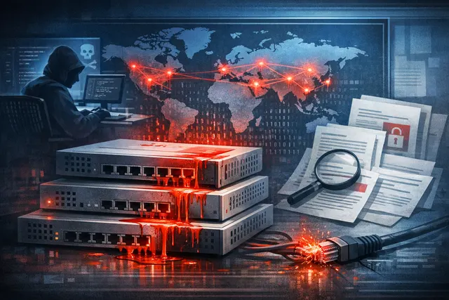 Digital illustration of a compromised Fortinet firewall with red alert indicators and global map overlay representing the FortiBleed credential-harvesting campaign across 194 count