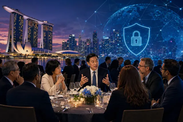 AI-generated editorial illustration for an article about cybersecurity cooperation and AI safeguards