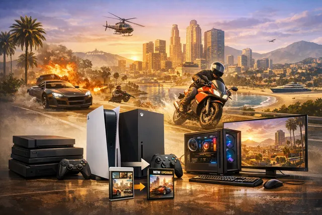 GTA V free upgrade announcement for PS5 and Xbox Series X|S, with The Kortz Center Heist logo
