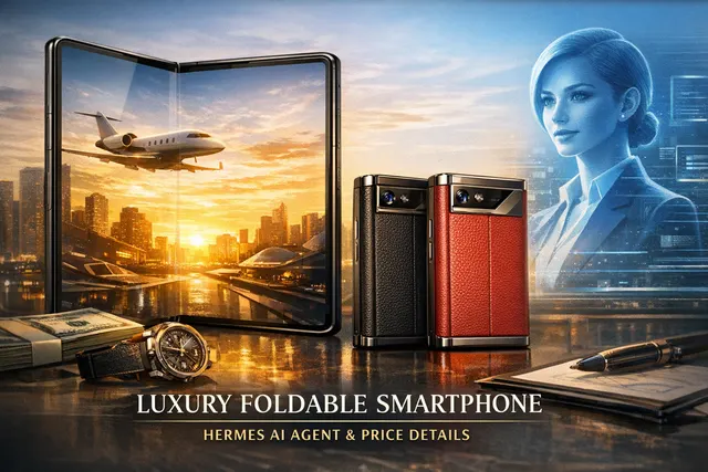 Product render of the Vertu Alphafold luxury foldable smartphone showing its external display and premium leather and metal construction.
