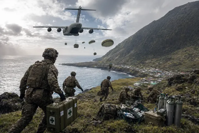 Illustration of an RAF transport aircraft dropping parachutists and medical supplies over a remote volcanic island