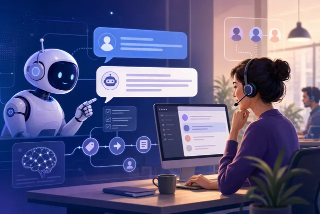 Illustration of an AI chatbot helping route customer service chats and support tickets