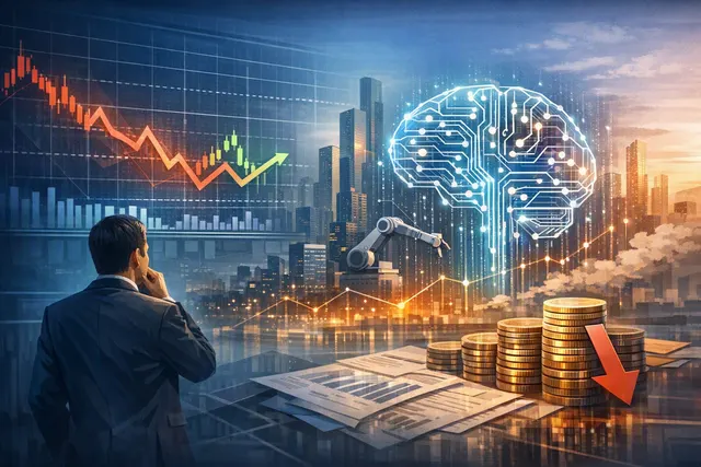 Editorial illustration of Tencent’s AI investment weighing on stock performance and free cash flow