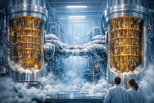 Illustration of two modular cryogenic systems connected to form a shared ultra-cold environment for quantum processors