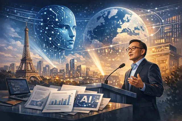 Joe Tsai, Chairman of Alibaba Group, speaking at VivaTech 2026 in Paris with AI and cloud concept visuals in the background.