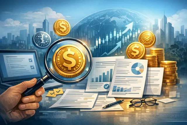 Abstract digital illustration of stablecoin market data visualizations, including charts, a magnifying glass, and crypto token symbols representing market cap, transaction volume,