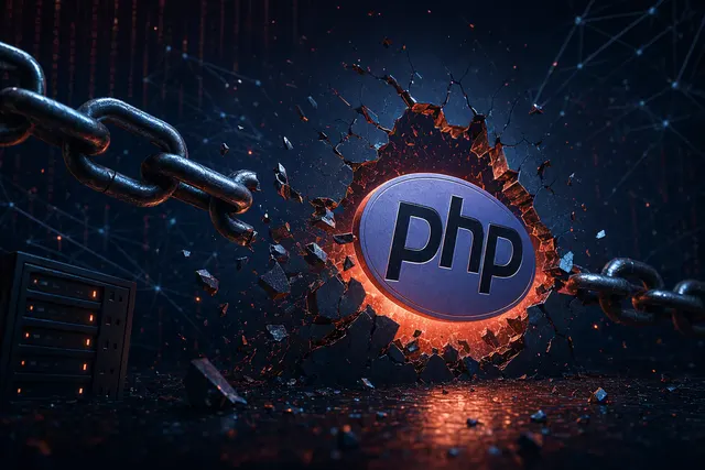 Editorial illustration depicting PHP2Shell vulnerabilities and the risk of attacks against PHP web servers
