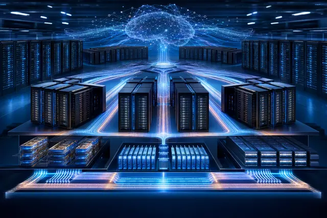 Editorial illustration of Huawei Lingqu UnifiedBus connecting AI computing infrastructure