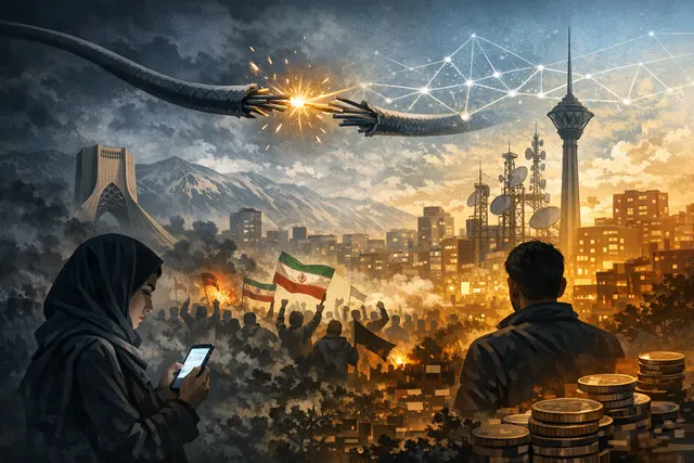 Digital illustration representing Iran's nationwide internet blackout, showing a map of Iran with disconnected network nodes and fading connectivity signals.