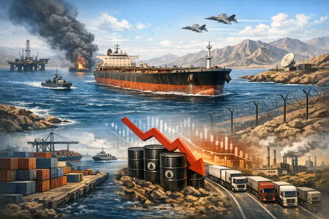 A cargo ship traverses a narrow strait flanked by mountainous terrain, with flames and smoke erupting from the shoreline, symbolizing the closure of the Strait of Hormuz and its gl