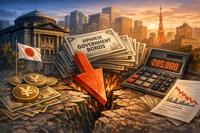 A stylized illustration showing the Bank of Japan headquarters with a large, downward-trending line graph representing falling bond values and an unrealized loss of ¥45 trillion, s