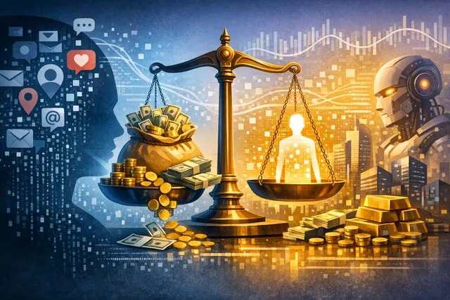 A visual interpretation of personal data being harvested by large tech firms, showing a user profile surrounded by floating dollar signs and corporate logos for Amazon, Nvidia, Mic