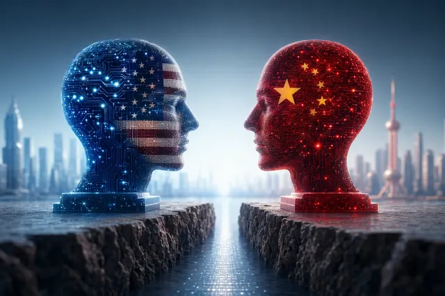 Conceptual editorial illustration for the AI competition between the United States and China