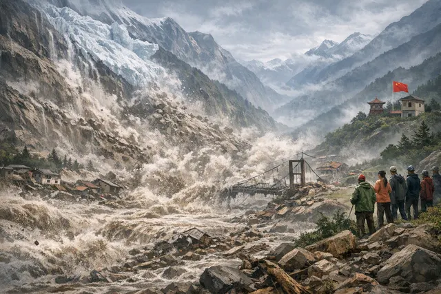 Illustration of a glacier collapse sending an ice, rock and mud avalanche into valleys along the Nepal–China border