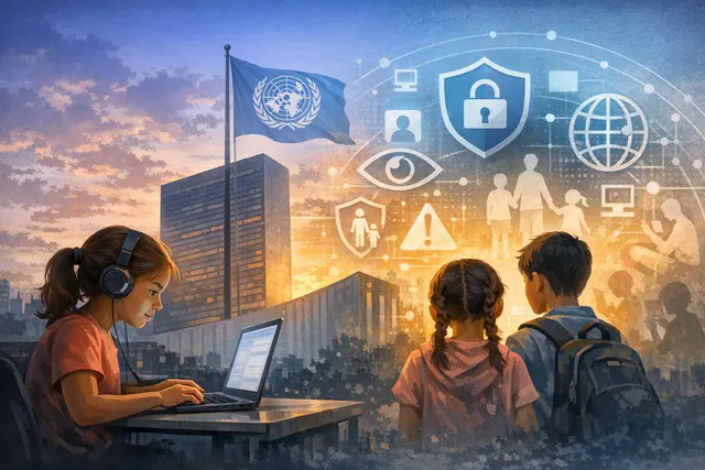 Digital rendering of a childs silhouette protected by a shield interface, representing UN online safety by design.