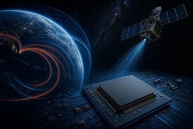 Illustration of a radiation-hardened spaceflight processor connected to Moon, Mars, and satellite mission systems