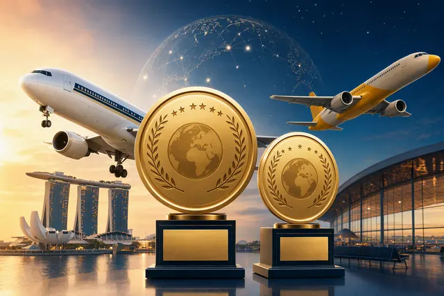 AI-generated editorial illustration for coverage of Singapore Airlines and Scoot’s 2026 Skytrax awards