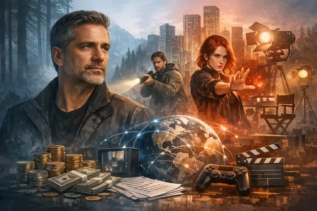 A conceptual image of a Remedy game director's desk overlooking a sprawling map of interconnected franchises, with notes on expanding Alan Wake and Control into film and television