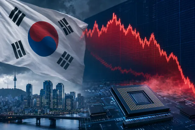 Illustration of South Korea’s KOSPI falling from near 8,000 amid AI chip stock selling pressure