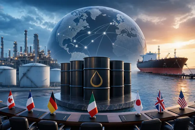Editorial illustration representing the G7’s coordinated release of emergency oil and diesel reserves