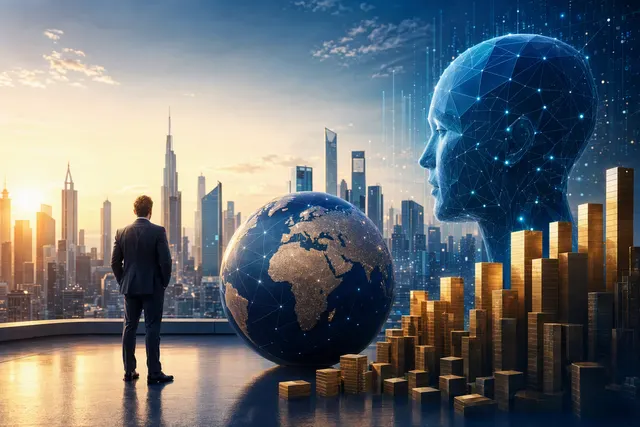 Illustration of artificial intelligence investment and rising global wealth