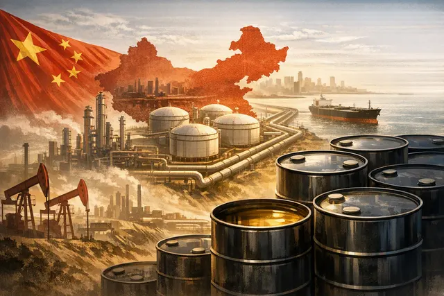 Oil storage tanks and tanker ships representing China’s strategic reserves during a Strait of Hormuz supply shock